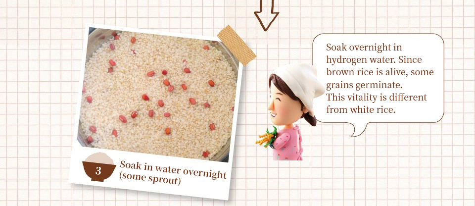 Soak in water overnight (some sprout) Soak overnight in hydrogen water. Since brown rice is alive, some grains germinate. This vitality is different from white rice.