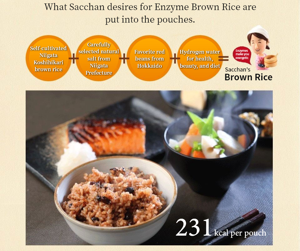 Self-cultivated Niigata Koshihikari brown rice. Carefully selected natural salt from Niigata Prefecture. Favorite red beans from Hokkaido. Hydrogen water for health, beauty, and diet. Enzymes make you energetic. 