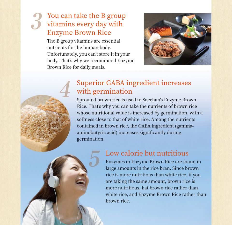 You can take the B group vitamins every day with Enzyme Brown Rice. The B group vitamins are essential nutrients for the human body. Unfortunately, you can't store it in your body. That’s why we recommend Enzyme Brown Rice for daily meals. Superior GABA ingredient increases with germination. Sprouted brown rice is used in Sacchan's Enzyme Brown Rice.  That's why you can take the nutrients of brown rice whose nutritional value is increased by germination, with a softness close to that of white rice.  Among the nutrients contained in brown rice, the GABA ingredient (gamma-aminobutyric acid) increases significantly during germination. Low calorie but nutritious. Enzymes in Enzyme Brown Rice are found in large amounts in the rice bran.  Since brown rice is more nutritious than white rice, if you are taking the same amount, brown rice is more nutritious.  Eat brown rice rather than white rice, and Enzyme Brown Rice rather than brown rice.